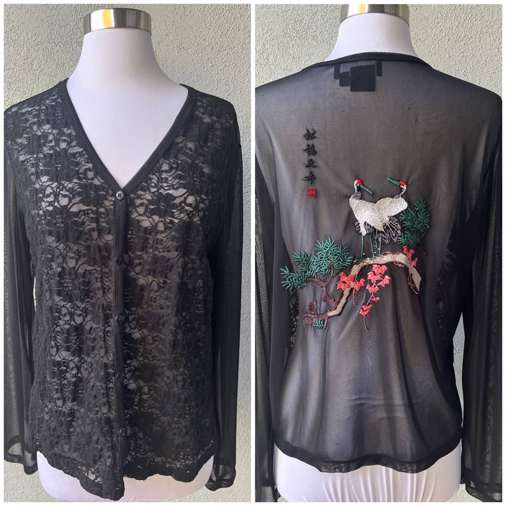 Carole Little Black Sheer Mesh & Lace Blouse with Embroidered Cranes L